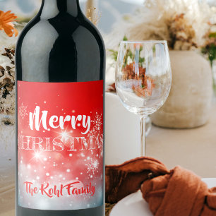 White Snowflakes Sparkles and Bokeh on Red Wine Label