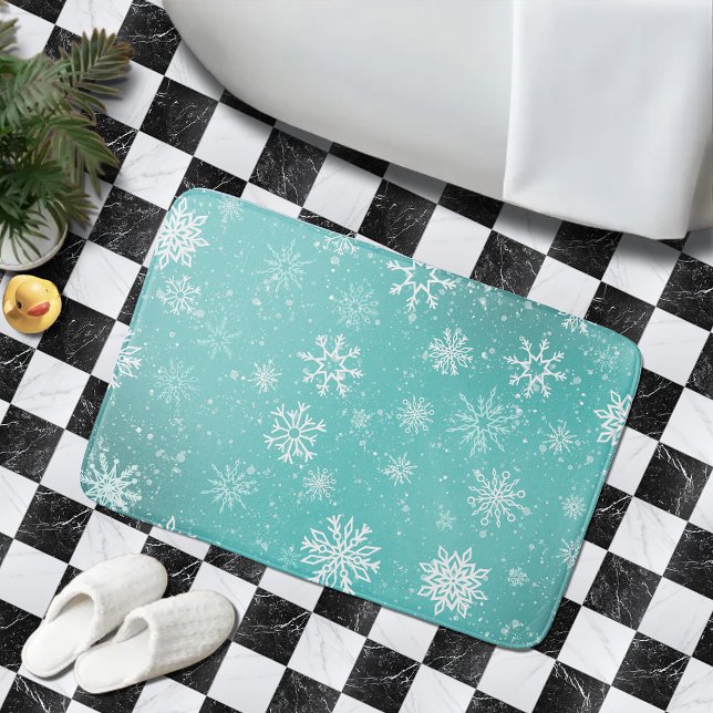 White Snowflakes Teal Bath Mat (Creator Uploaded)