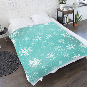 White Snowflakes Teal Fleece Blanket