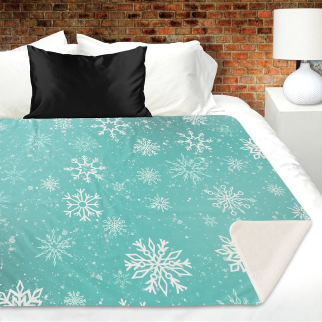 White Snowflakes Teal Sherpa Blanket (Creator Uploaded)