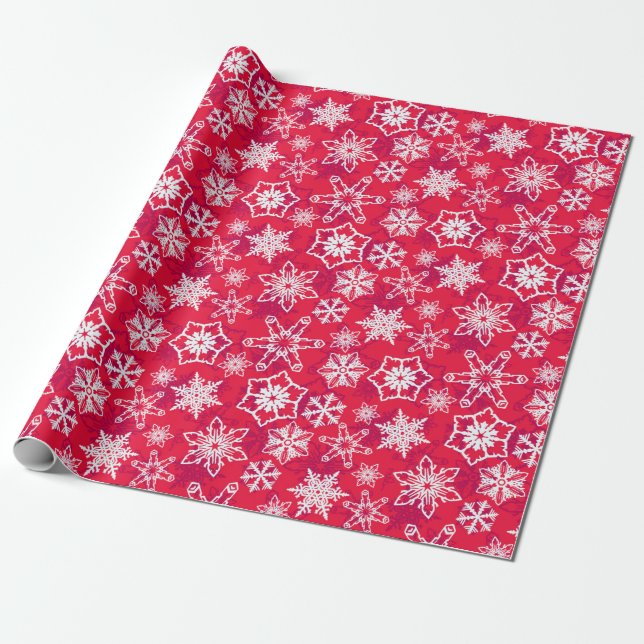White Snowflakes w/Red Background Wrapping Paper (Unrolled)