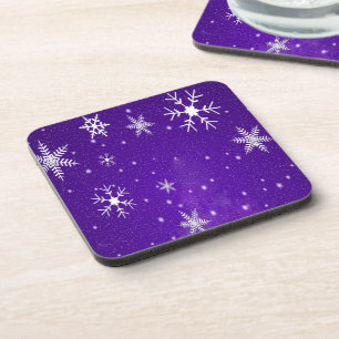 White Snowflakes with Blue-Purple Background Coaster