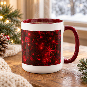 White Snowflakes with Deep Red Background Mug