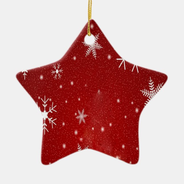 White Snowflakes with Red Background Ceramic Tree Decoration (Front)