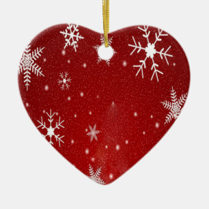 White Snowflakes with Red Background Ceramic Tree Decoration
