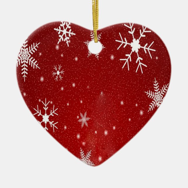White Snowflakes with Red Background Ceramic Tree Decoration (Front)