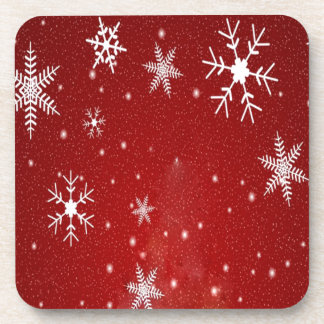 White Snowflakes with Red Background Coaster