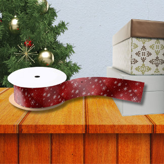White Snowflakes with Red Background Satin Ribbon
