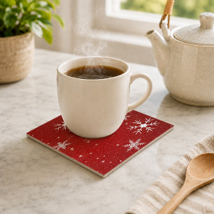 White Snowflakes with Red Background Tile