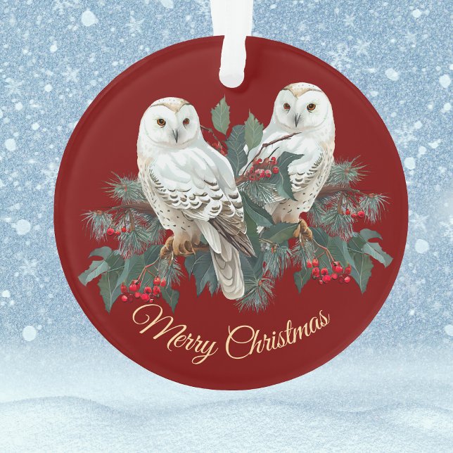 White Snowy Owls n Berries on Burgundy Christmas Ornament (Creator Uploaded)