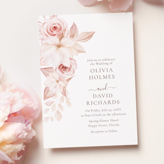 White & Soft Blush Rose Border Wedding Invitation (Bohemian White and Pink Roses Wedding Invitation on a pastel pink table with pale pink peonies.)