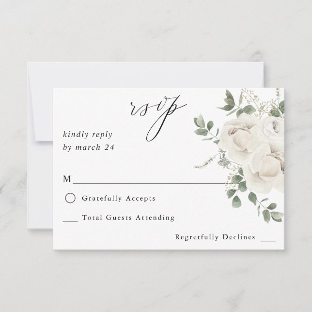 White Soft Floral & Eucalyptus no Meal RSVP Card (Front)