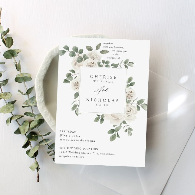 White Soft Floral & Eucalyptus Wedding V2 Invitation (Creator Uploaded)