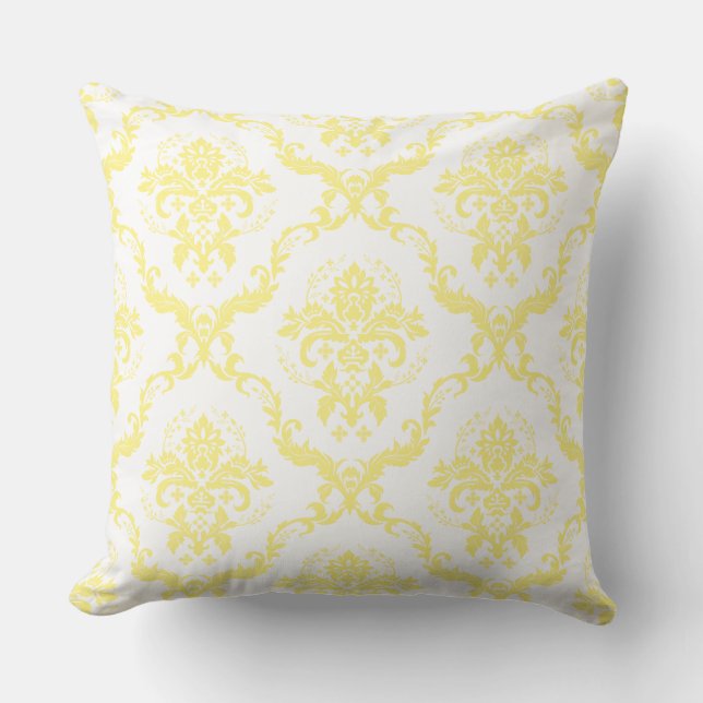 White & Soft Yellow Reversible Floral Damasks Cushion (Front)