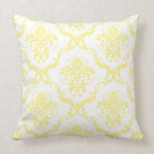White & Soft Yellow Reversible Floral Damasks Cushion