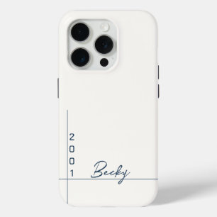 White Solid Colour Blue Name and Year iPhone 15 Pro Case