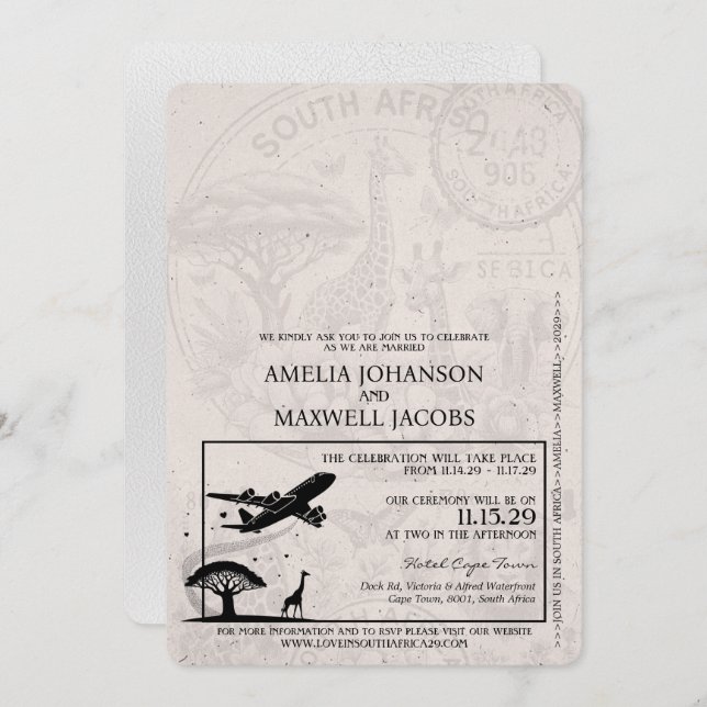 White South Africa Passport Wedding Invitation (Front/Back)