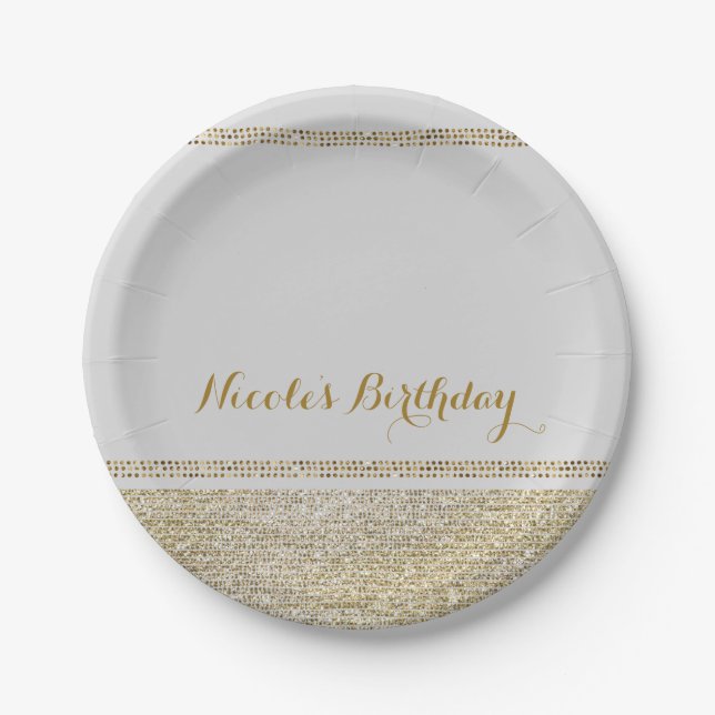 White & Sparking Gold Glam Chic Elegant Party Paper Plate (Front)