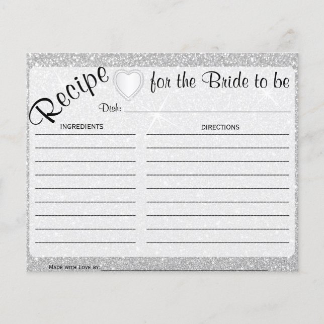 White Sparkle and Heart Bride to Be Recipe Card (Front)