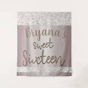 White Sparkle Glitter Blush Pink Sweet 16 Backdrop Tapestry