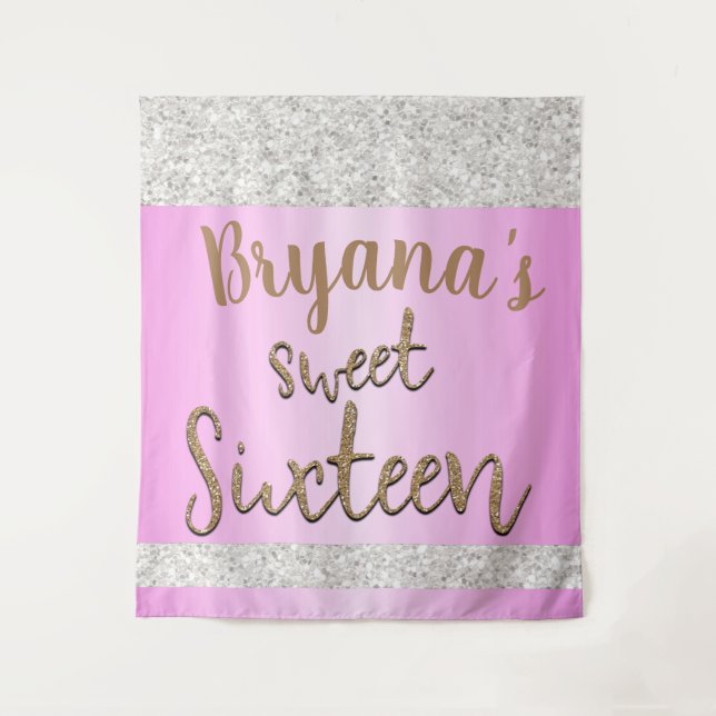 White Sparkle Glitter Pink Party Sweet 16 Backdrop Tapestry (Front)