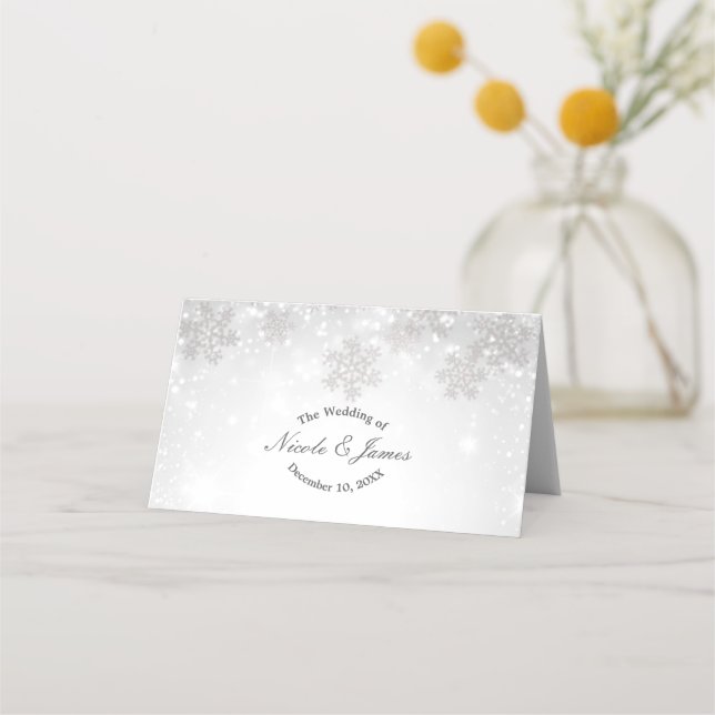 White Sparkle Snowflakes Winter Wedding Seating Place Card (Front)