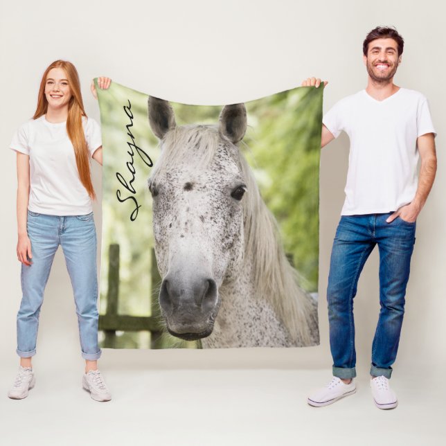White Speckled Horse Name Personalised  Fleece Blanket (In Situ)