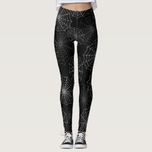 White Spider Web Cobweb Silk Pattern on Black Leggings