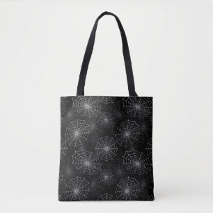 White Spider Web Cobweb Silk Pattern on Black Tote Bag