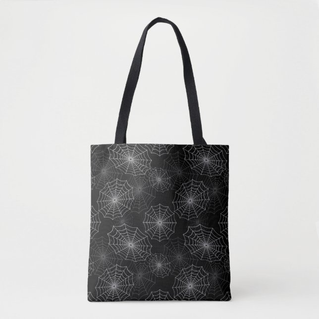 White Spider Web Cobweb Silk Pattern on Black Tote Bag (Front)