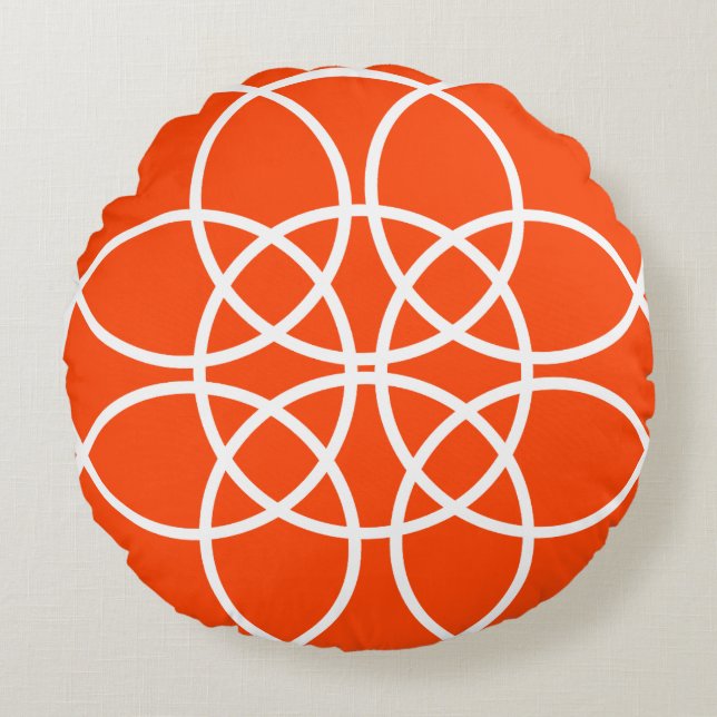 White Spiral Circles on Bright Orange Round Cushion (Front)