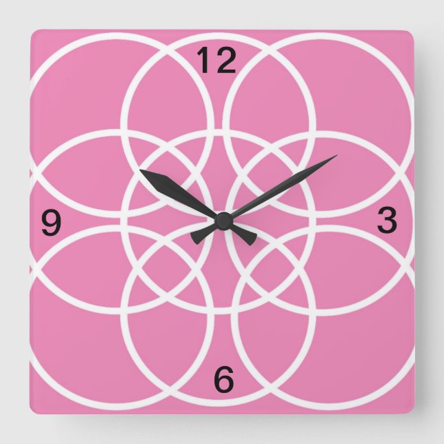 White Spiral Circles on Pink Square Wall Clock (Front)