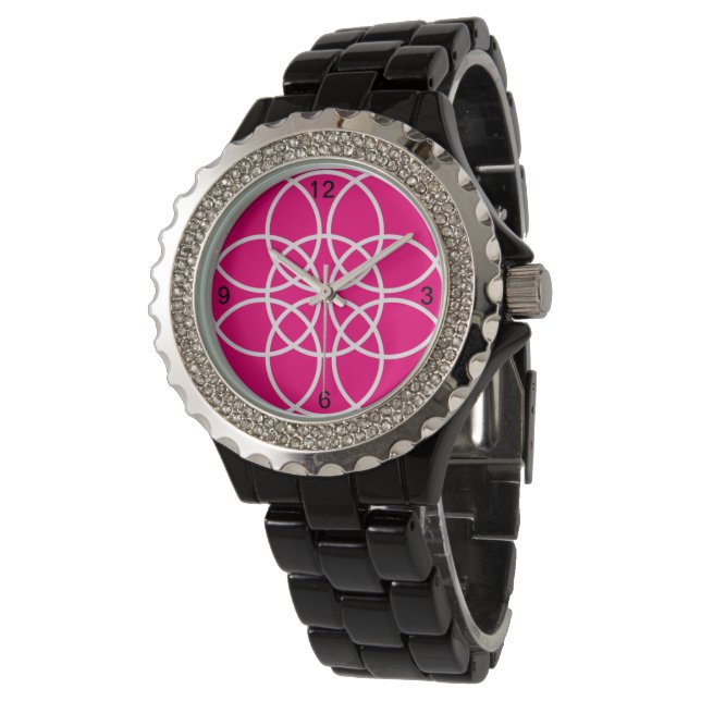 White Spirals on Bright Pink Watch (Angled)
