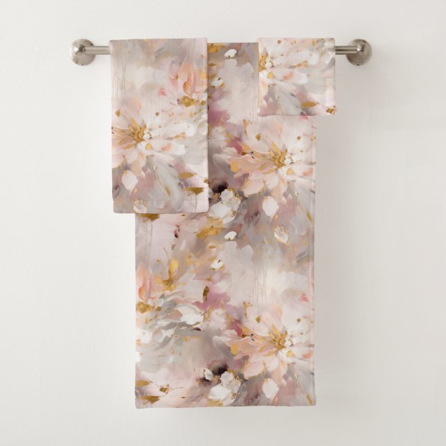 White Splashy Abstract Flowers Neutral Tones Bath Towel Set (Insitu)