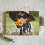White Spooky Halloween Brush Lettering Overlay Holiday Card<br><div class="desc">White Spooky Halloween Brush Lettering Overlay Holiday Card. Send Halloween greetings to family and friends with this customisable photo flat card. It featuring brush lettering,  bat illustration and stripes pattern. This fun and modern Halloween card is available in other colours.</div>