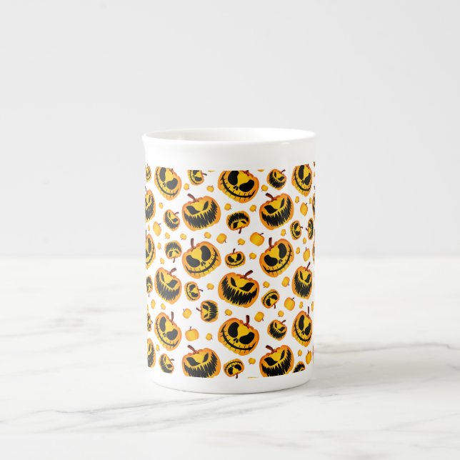 White Spooky Halloween Pumpkin Bone China Mug (Front)