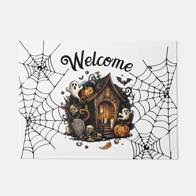 🎃 white Spooky Season Haunted House Door Mat 👻 (Front)