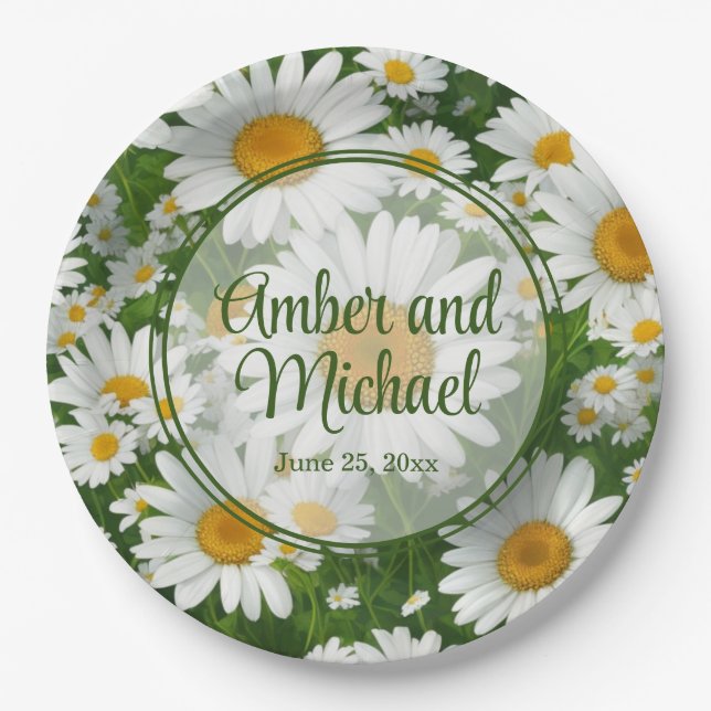 White spring floral white daisies greenery paper plate (Front)