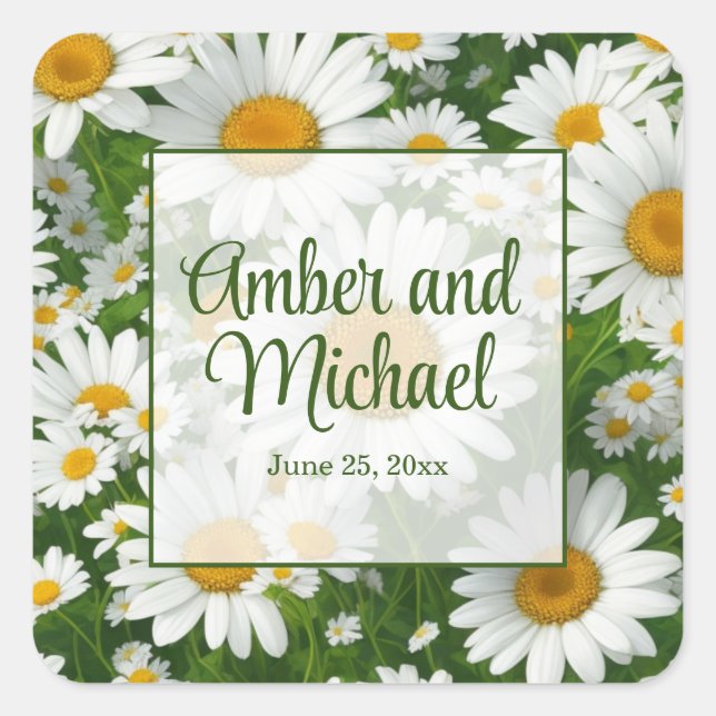 White spring floral white daisies greenery square sticker (Front)