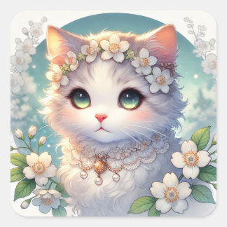 White Spring Flowers Princess Cat Square Sticker