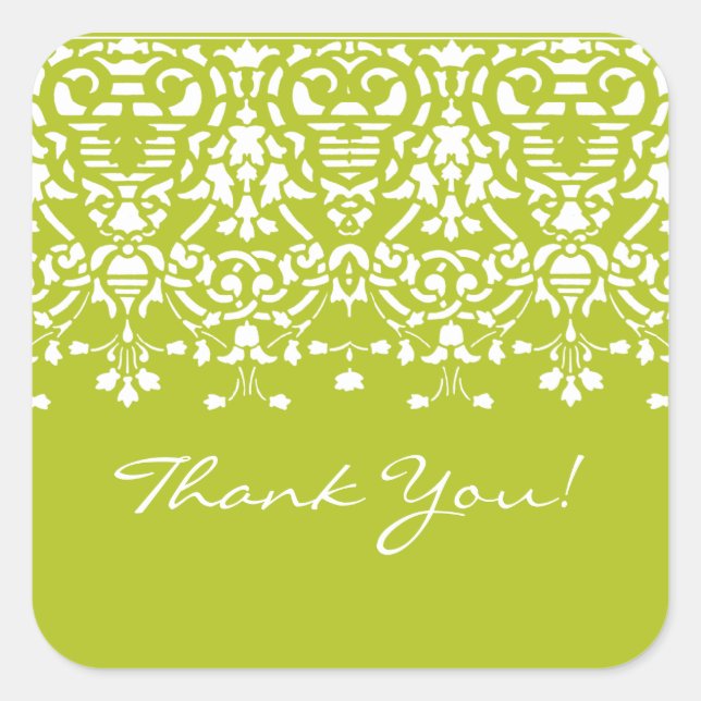 White & Spring Green Damask Thank You Sticker (Front)