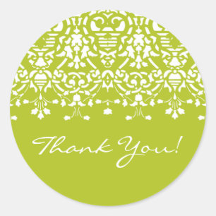 White & Spring Green Damask Thank You Sticker