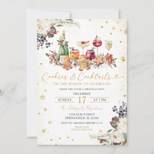 White Sprinkled Cookies & Cocktail Christmas Party Invitation (Front)