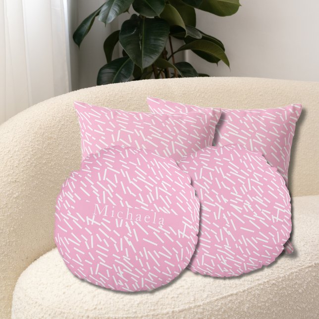 White Sprinkles on Pink Background Name Text Round Cushion (Pink & white sprinkles round pillow. Tex or custom name.
Multilingual Project. Michaela)