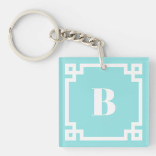 White Square Greek Key Border Aqua Blue Monogram Ring