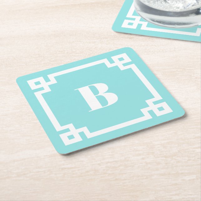 White Square Greek Key Border Aqua Blue Monogram Square Paper Coaster (Angled)