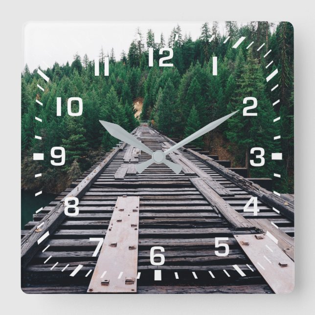 White Square Numbers / Pine Tree Railroad Tracks Wall Clock (Front)