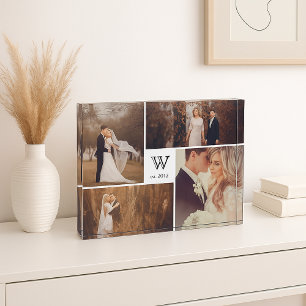 White Square Wedding Name Monogram 4 Photo Collage Block