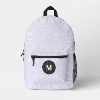 White Squiggly Squares Monogram Black Fractal Printed Backpack