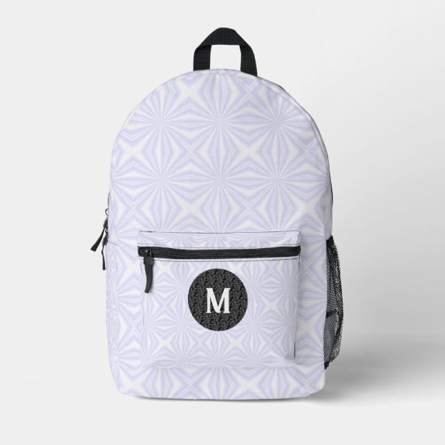 White Squiggly Squares Monogram Black Fractal Printed Backpack (Front)